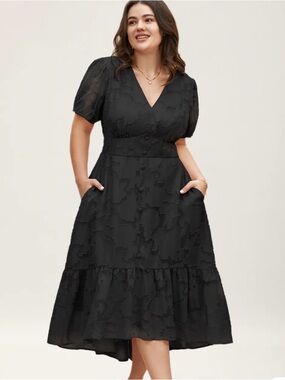 BloomChic Black V-Neck Tiered Midi Dress with Puff Sleeves